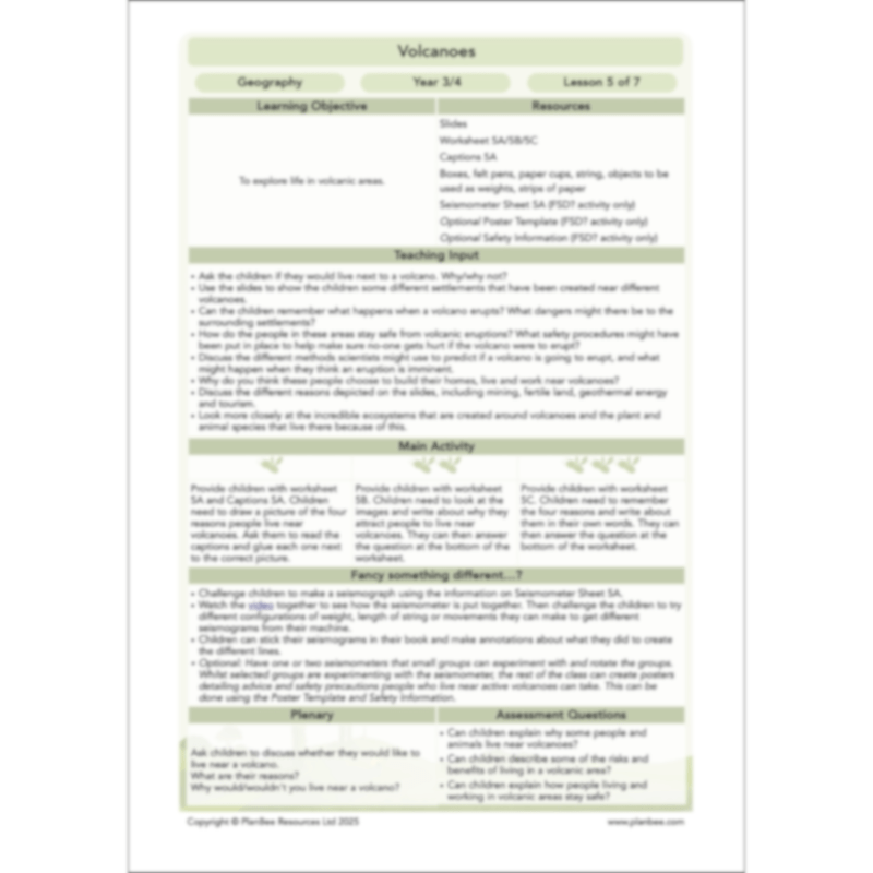 PlanBee Volcanoes KS2 Geography Lesson Planning