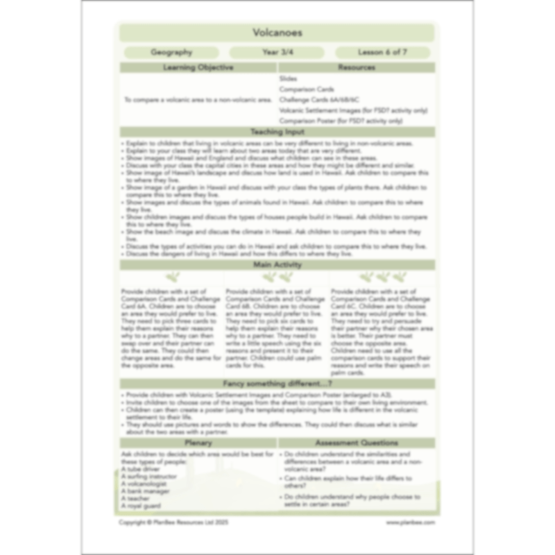 PlanBee Volcanoes KS2 Geography Lesson Planning