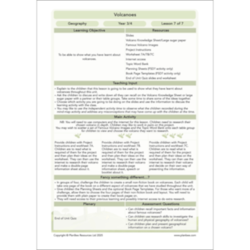 PlanBee Volcanoes KS2 Geography Lesson Planning