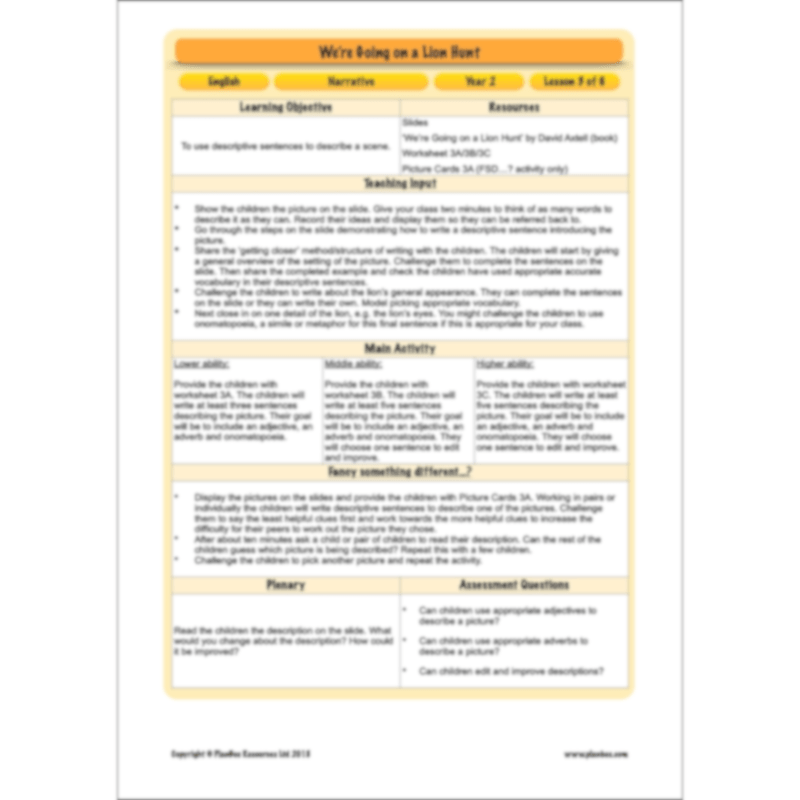 PlanBee We're Going on a Lion Hunt KS1 English Lesson Planning