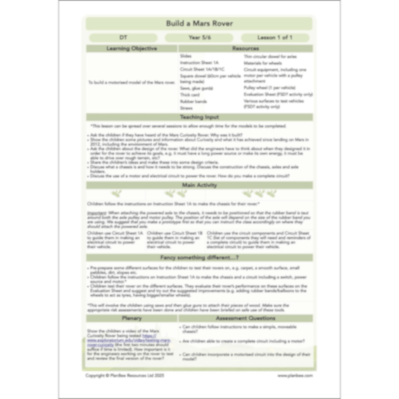 PlanBee Build a Mars Rover KS2 DT Lesson Pack