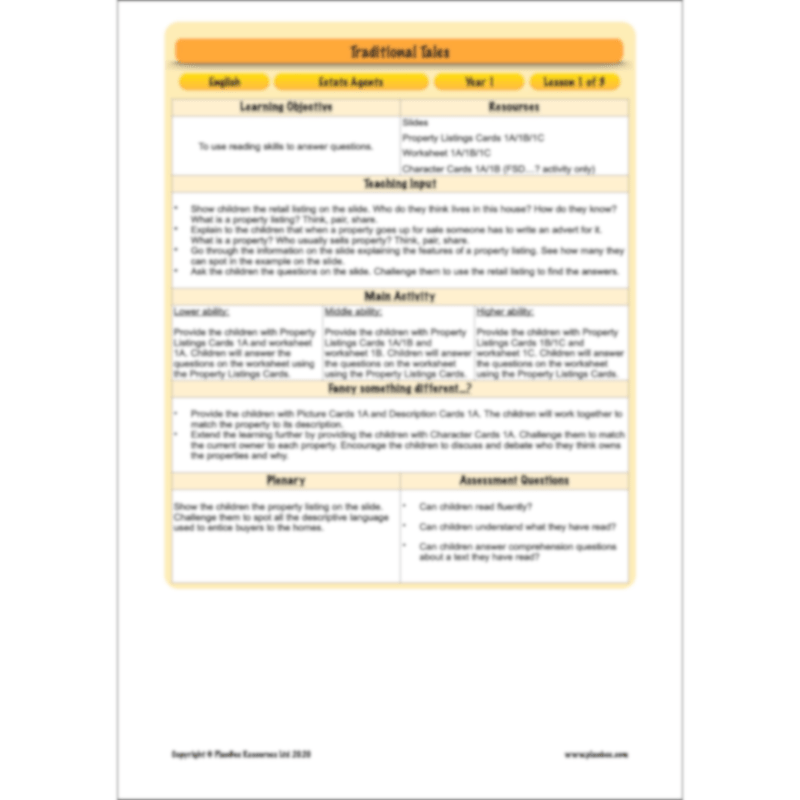 PlanBee FREE Mini-scheme | Traditional Tales: Estate Agents | KS1