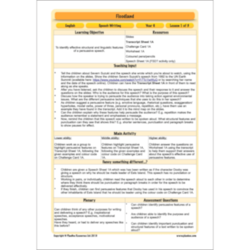 PlanBee FREE Mini-scheme | Floodland: Speech Writing KS2 English