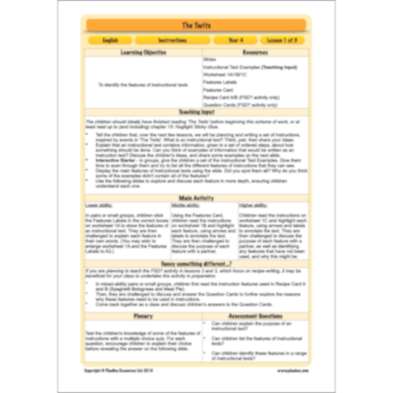 PlanBee The Twits Instructions KS2 | Year 4 English Pack