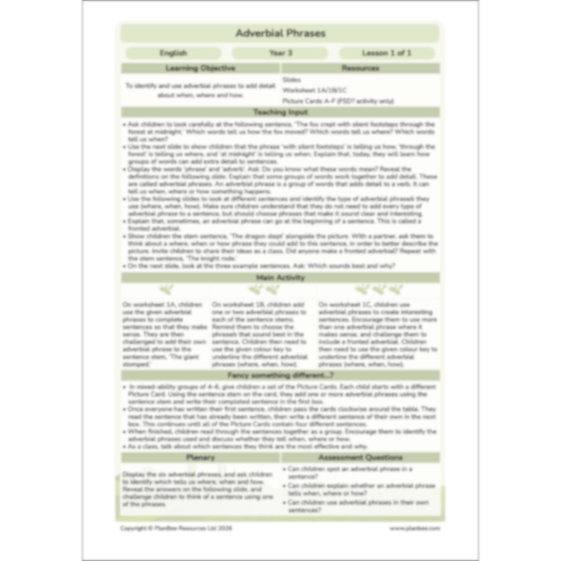 PlanBee Adverbial Phrases KS2 English Lesson Pack