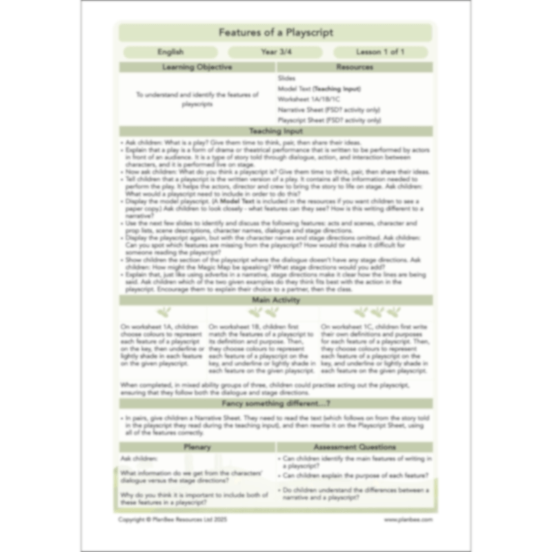 PlanBee Features of a Playscript KS2 | English Lesson Pack