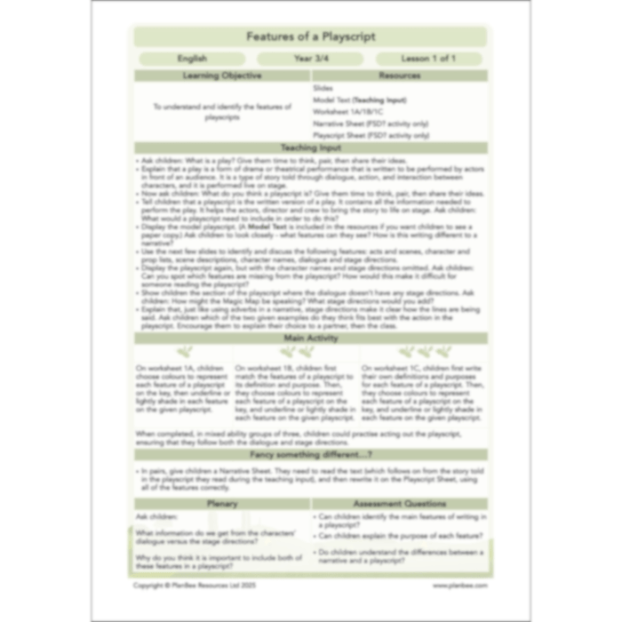 Features of a Playscript KS2 | English Lesson Pack — PlanBee