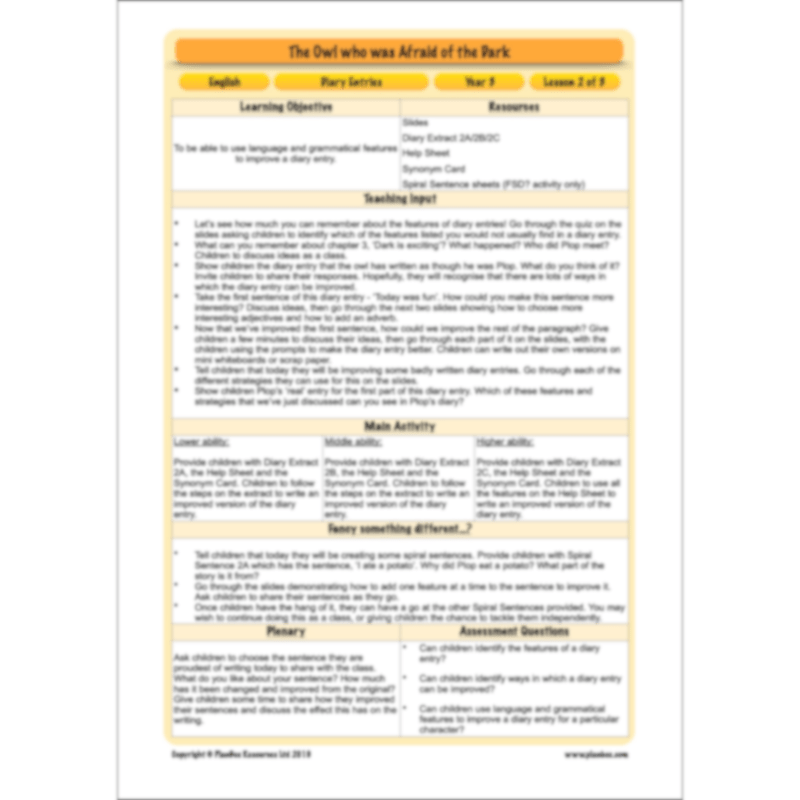 PlanBee FREE | The Owl who was Afraid of the Dark | Diaries KS2