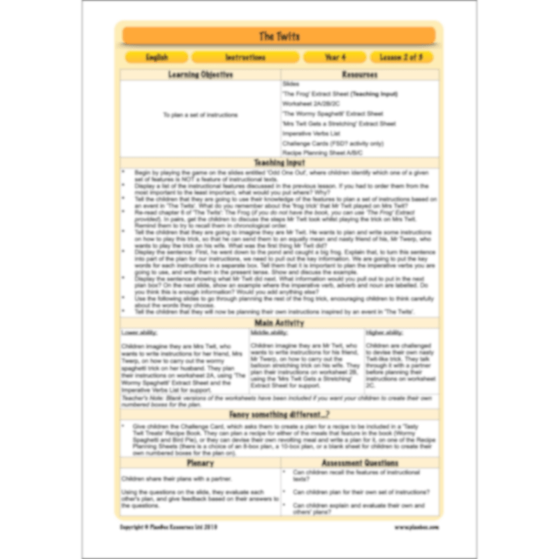 PlanBee The Twits Instructions KS2 | Year 4 English Pack