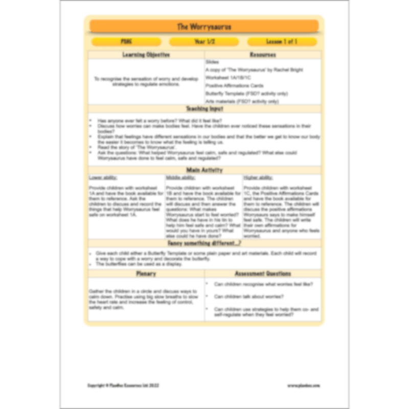 PlanBee The Worrysaurus KS1 PSHE Lesson Pack