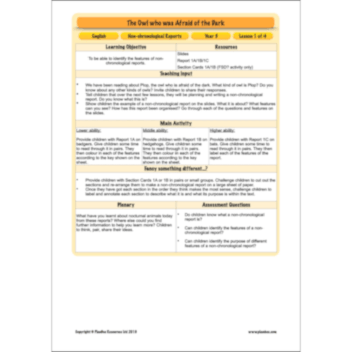 PlanBee The Owl who was Afraid of the Dark | KS2 Non-chronological Reports