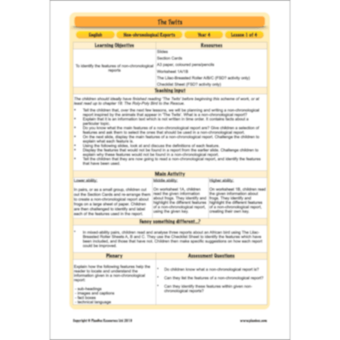 PlanBee The Twits: Non-chronological Reports KS2 | Y4 English Pack