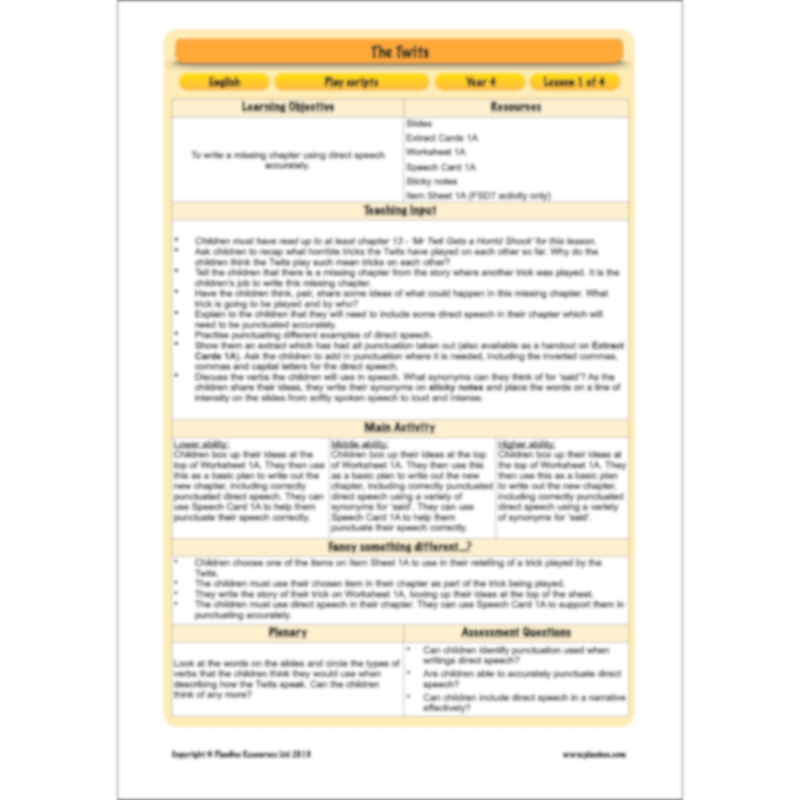 PlanBee The Twits: Playscripts KS2 | Year 4 English Pack