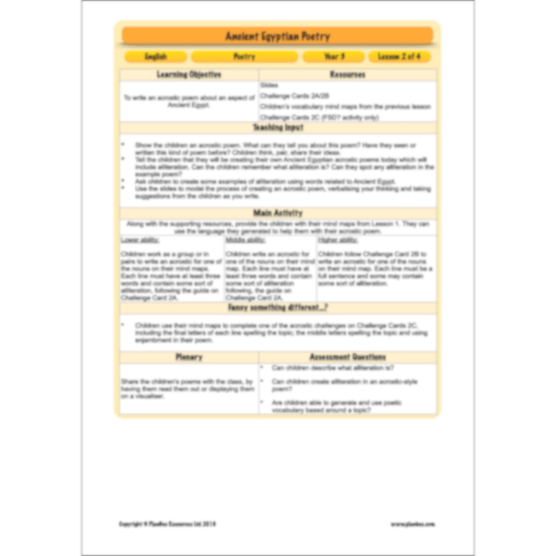 PlanBee Ancient Egyptian Poetry | KS2 English Pack