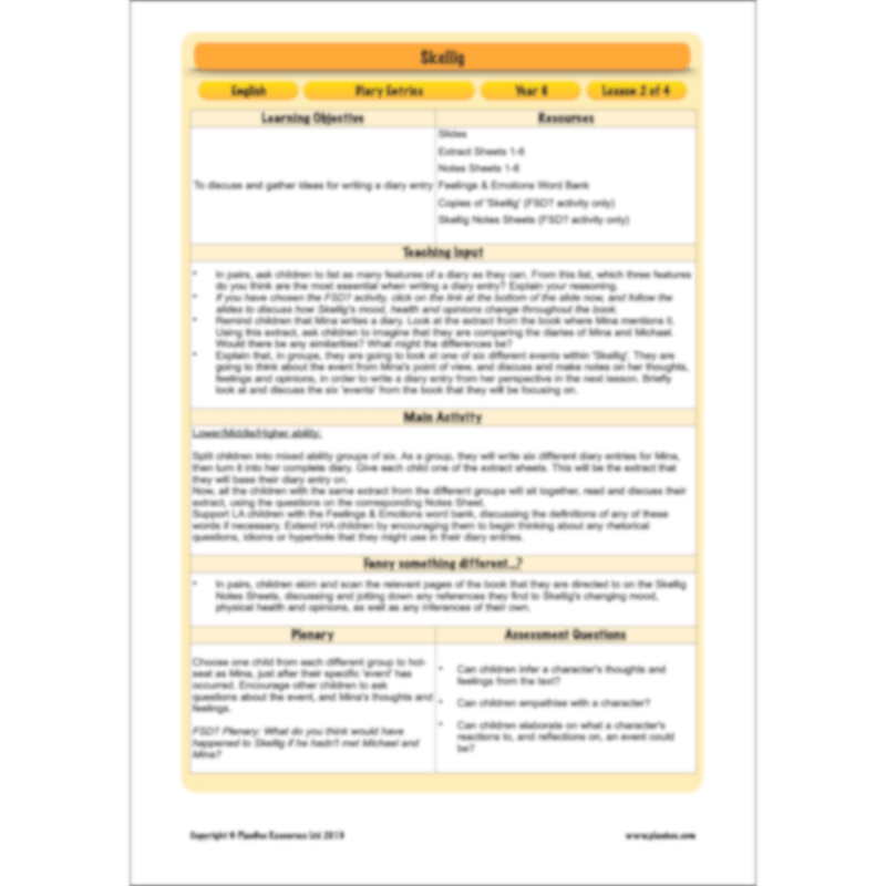 PlanBee Skellig Diary Entries KS2 | Year 6 English Lesson Pack