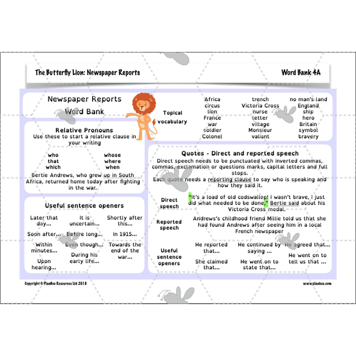 PlanBee The Butterfly Lion: Newspaper Reports KS2 English Pack
