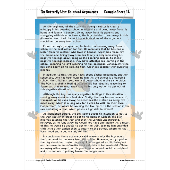 PlanBee The Butterfly Lion: Balanced Arguments KS2 Lesson Pack