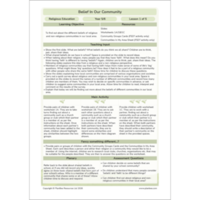 PlanBee Belief In Our Community: Complete set of KS2 RE lessons