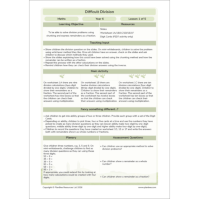 PlanBee Division Year 6 Maths Lessons and Worksheets by PlanBee
