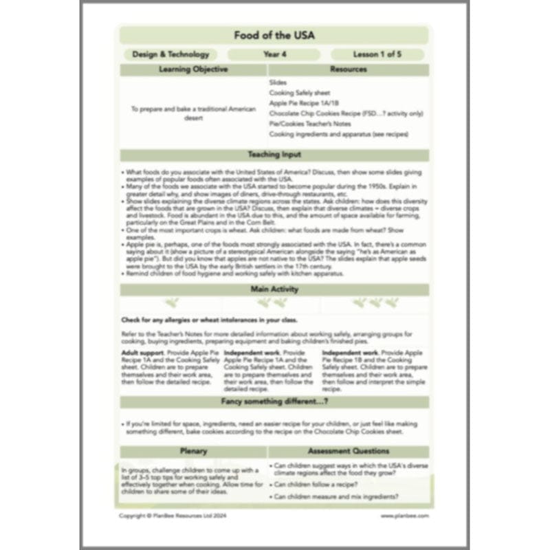 PlanBee Food of the USA KS2 DT Cookery Lessons by PlanBee