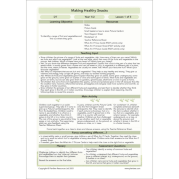 PlanBee Making Healthy Snacks | KS1 DT Lesson Pack