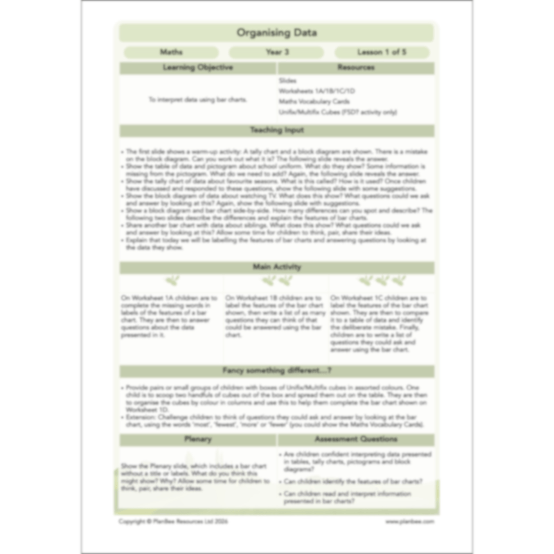 PlanBee Year 3 Statistics Organising Data PlanBee Maths Lesson