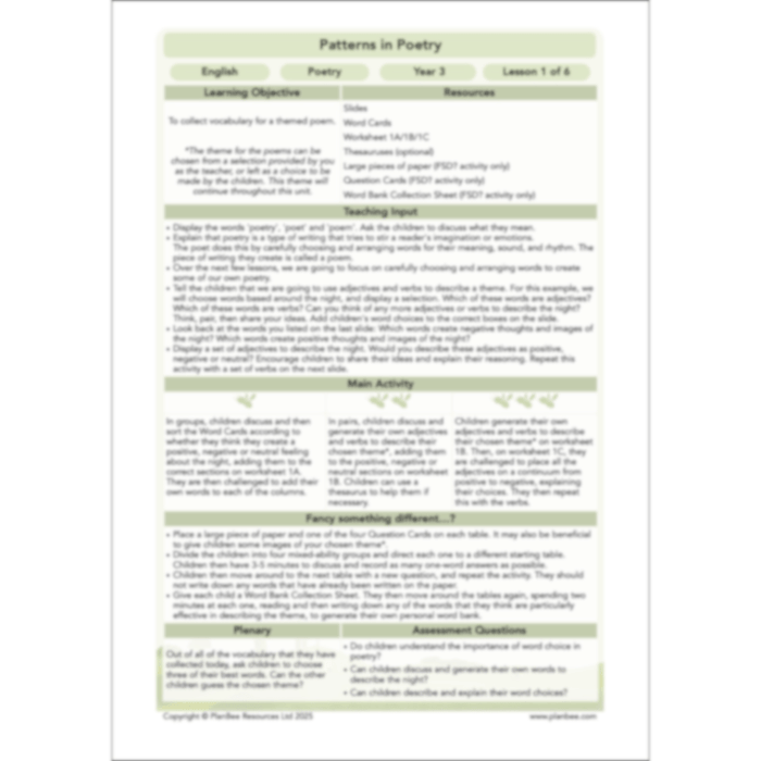 PlanBee Year 3 Patterns in Poetry | Investigating Types of Poems