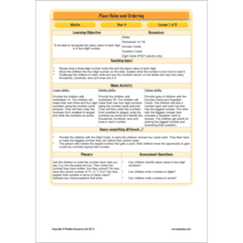 PlanBee Place Value and Ordering Year 4 Maths Lessons by PlanBee