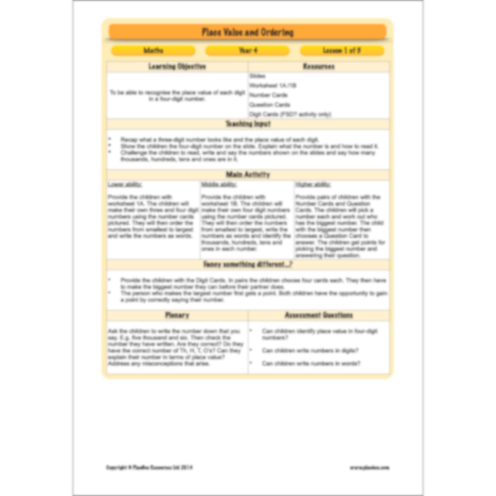 PlanBee Place Value and Ordering Year 4 Maths Lessons by PlanBee