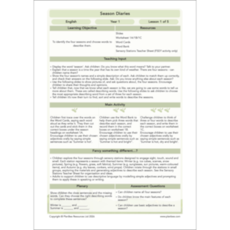 PlanBee Season Diaries | Year 1 English