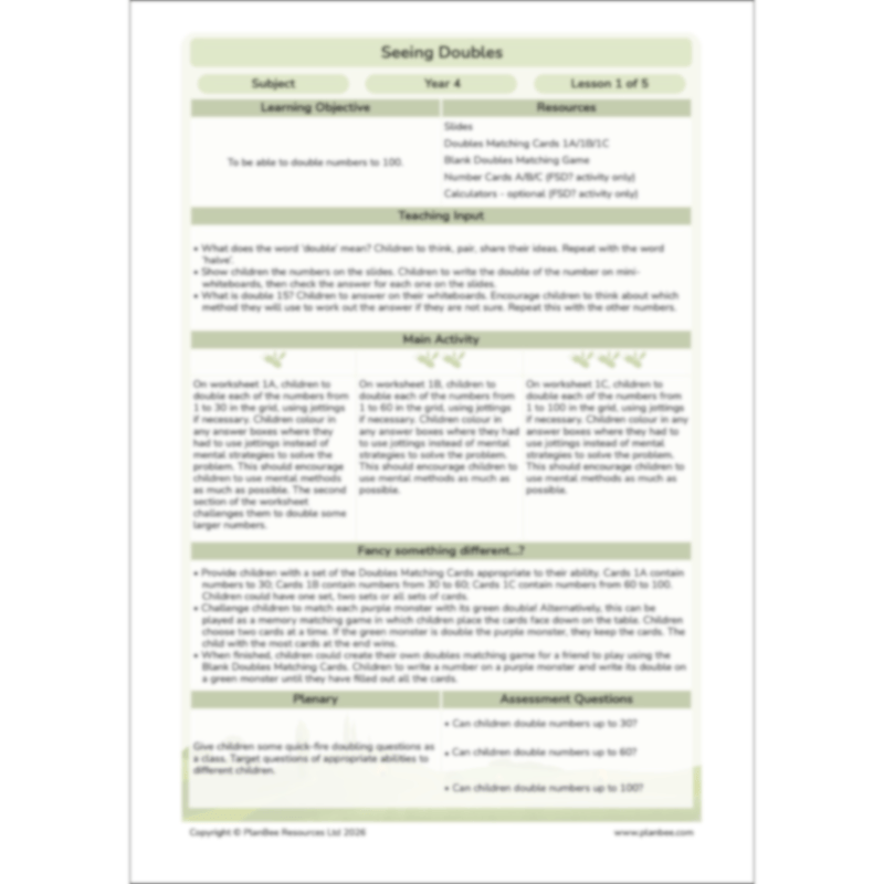 PlanBee Doubling and Halving Year 4 Maths Lessons by PlanBee