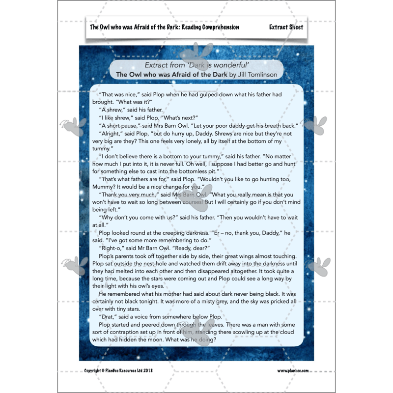 PlanBee The Owl who was Afraid of the Dark | KS2 Comprehension