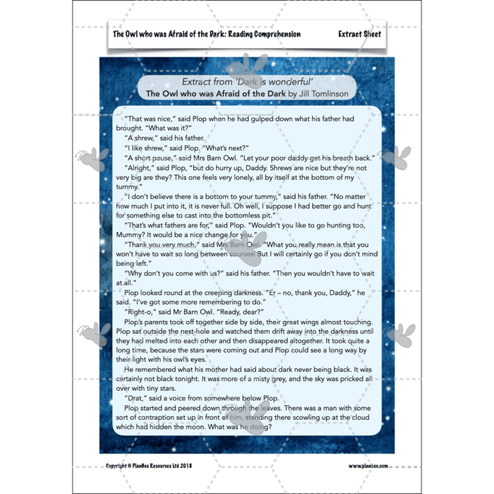 PlanBee The Owl who was Afraid of the Dark | KS2 Comprehension