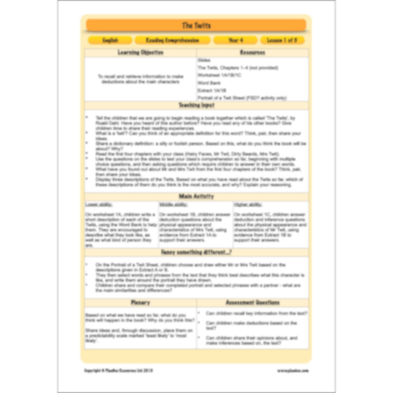 PlanBee The Twits Reading Comprehension KS2 | Year 4 English Pack