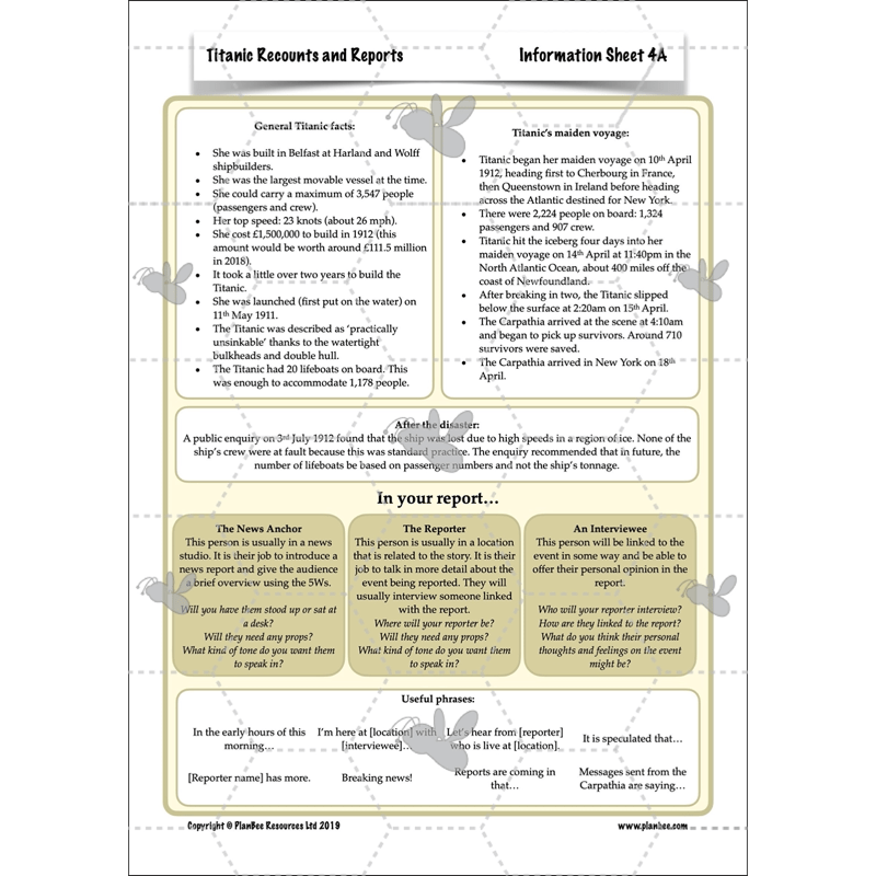 PlanBee Titanic Recounts and Reports English KS2 Lesson Pack
