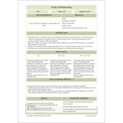 PlanBee Andy Goldsworthy KS1 Art Lesson Plans created by PlanBee