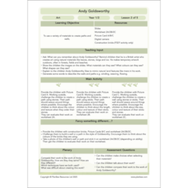 PlanBee Andy Goldsworthy KS1 Art Lesson Plans created by PlanBee