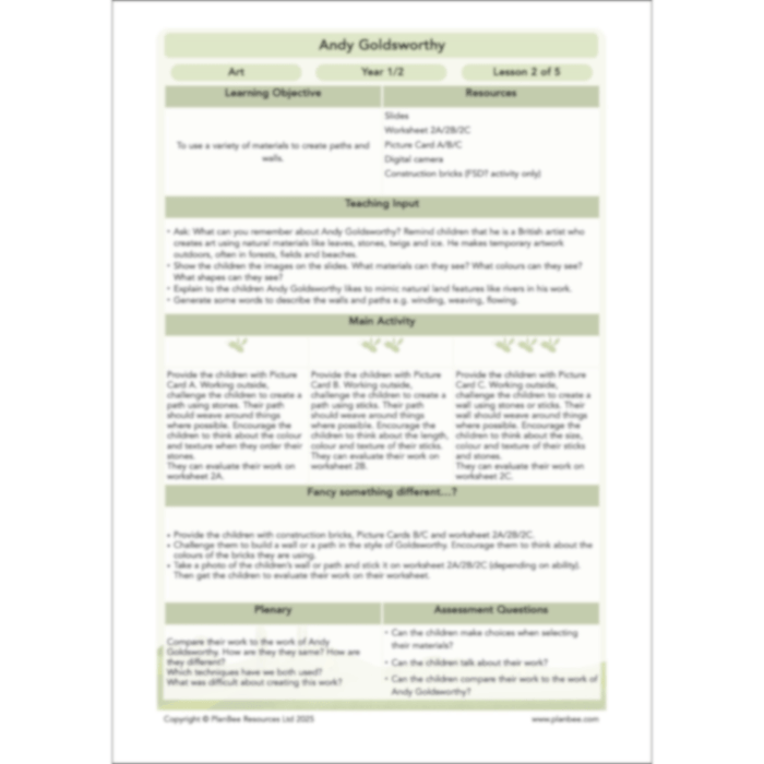 PlanBee Andy Goldsworthy KS1 Art Lesson Plans created by PlanBee
