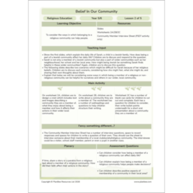 PlanBee Belief In Our Community: Complete set of KS2 RE lessons
