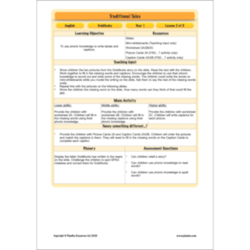 PlanBee Traditional Tales: Goldilocks | KS1 English Pack