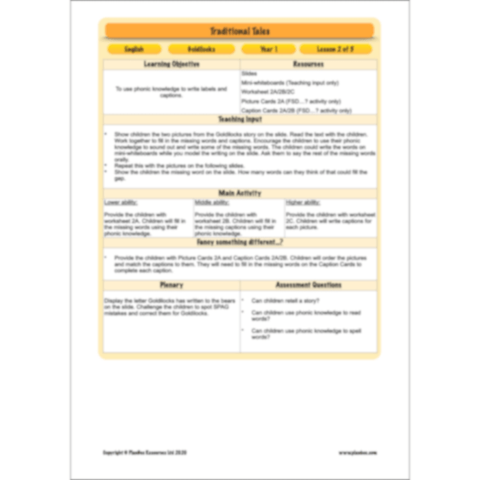 PlanBee Traditional Tales: Goldilocks | KS1 English Pack