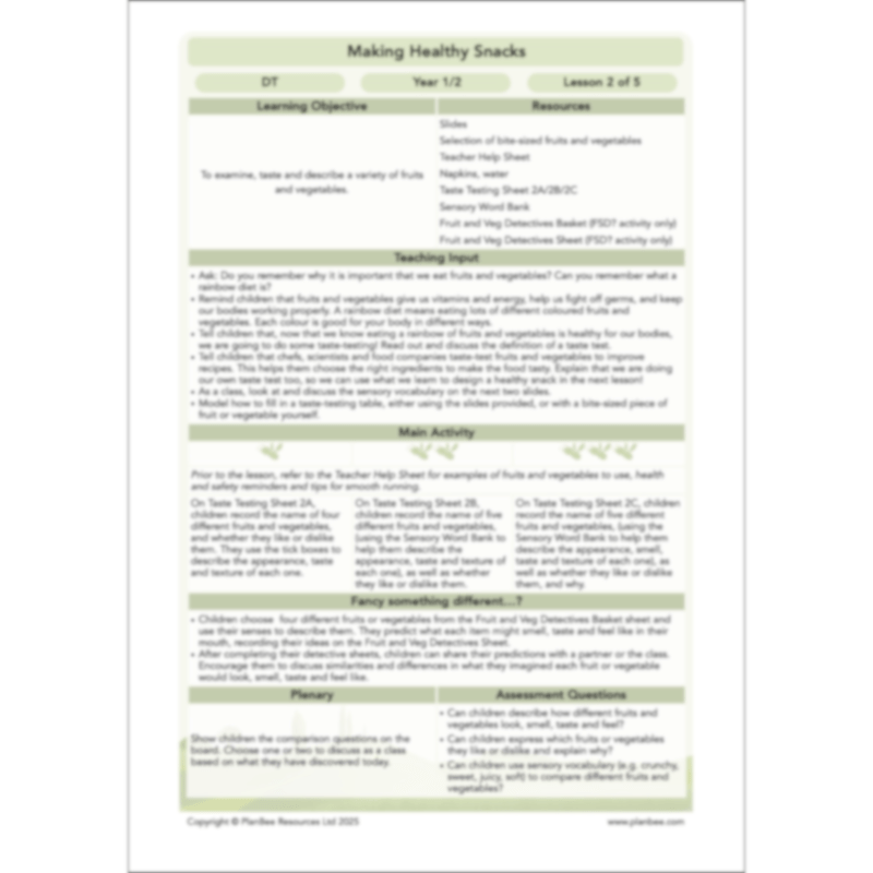 PlanBee Making Healthy Snacks | KS1 DT Lesson Pack