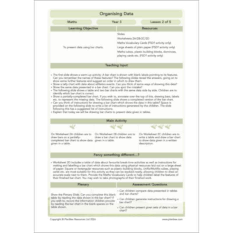 PlanBee Year 3 Statistics Organising Data PlanBee Maths Lesson