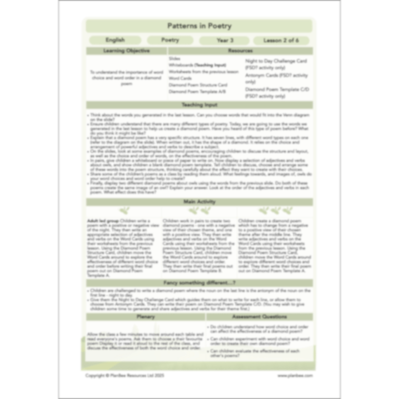 PlanBee Year 3 Patterns in Poetry | Investigating Types of Poems