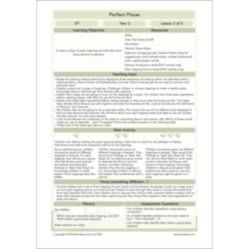 PlanBee Perfect Pizzas KS1 DT Lesson Pack