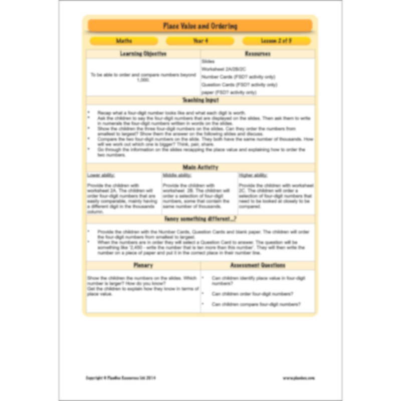 PlanBee Place Value and Ordering Year 4 Maths Lessons by PlanBee