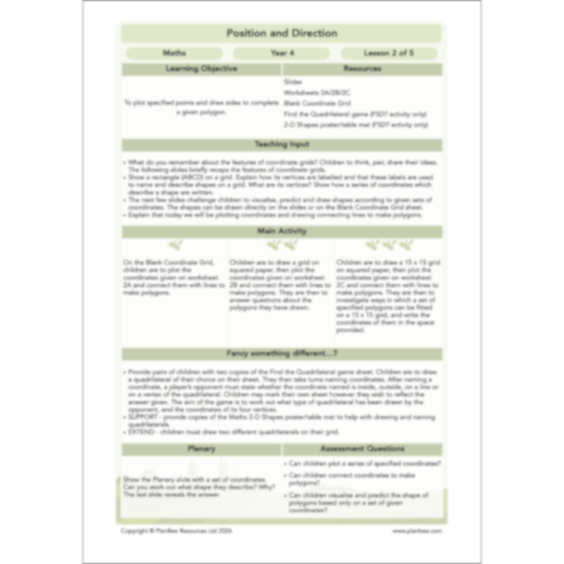 PlanBee Position and Direction Year 4 Maths Lessons | PlanBee