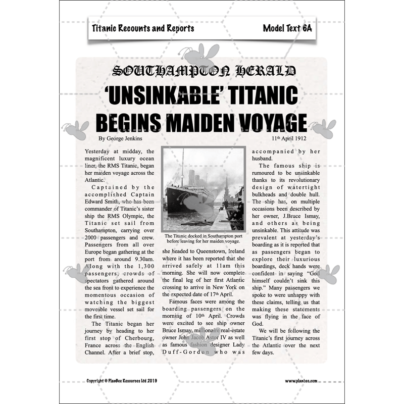 PlanBee Titanic Recounts and Reports English KS2 Lesson Pack