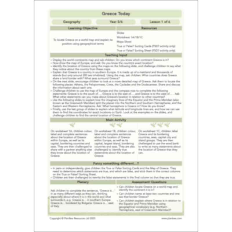 PlanBee Greece Today | KS2 Geography Lesson Pack
