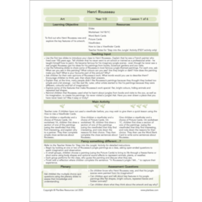 PlanBee Henri Rousseau KS1 Art Lessons